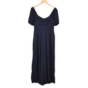 American Eagle Navy Embroidered Stripe Smocked Puff Sleeve Jumpsuit Size Small